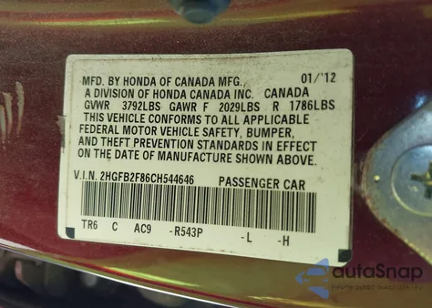 2012 Honda Civic Ex z USA, uszkodzony, nr VIN 2HGFB2F86CH544646